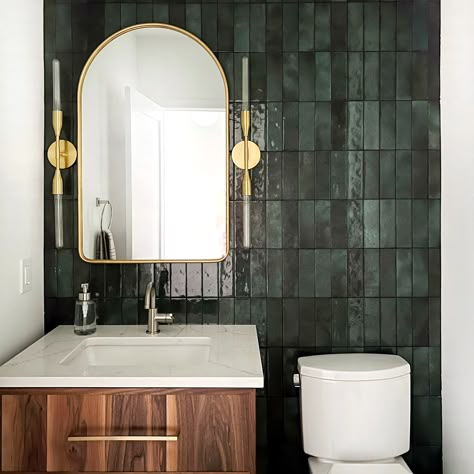 Bathroom Color Ideas To Wow Your Guests – Forbes Home Hotel Lobby Bathroom Design, Bold Bathroom Countertops, Powder Room Half Tile Wall, Interior Design Guest Bathroom, Mood Bathroom Ideas, Powder Room Peel And Stick Tile Wall, Trendy Bathroom Design, Original Bathroom Ideas, Cabin Guest Bathroom