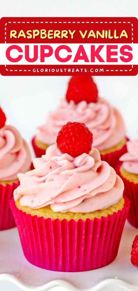 Love raspberries? These Raspberry Vanilla Cupcakes are the best Easter dessert idea or Spring treat! With delicious vanilla cupcakes topped with a raspberry buttercream frosting, these homemade cupcakes are a must-try! Raspberry Filled Cupcakes, Raspberry Cupcake Recipes, Lemon Raspberry Muffins, Raspberry Buttercream Frosting, Vanilla Desserts, Raspberry Frosting, Fun Cupcake Recipes, Raspberry Cupcakes, Raspberry Buttercream