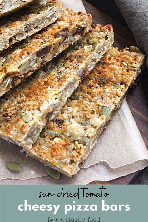 This savory granola bar recipe is perfect for pizza lovers who are looking for a healthy snack! They're homemade granola bars with cheese, sun dried tomatoes, and crunchy seeds, oats, and more. #snacks #homemade #healthysnacks #granolabars #pizza Savory Snack Bars, Savory Granola Bars, Snacks Homemade, Savory Granola, Granola Bar Recipe, Real Food Snacks, Granola Recipe Bars, Healthy Vegan Breakfast, Energy Bar