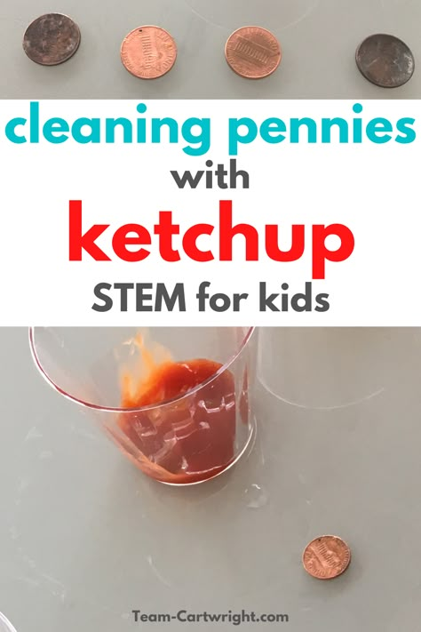 This is among the best easy preK STEM activities ever and your kids will love it. Can you clean a penny with ketchup? This preschool science activity is easy, fun, and uses at home items. Kitchen chemistry at its best, and get the science behind the STEM challenge. Preschool science activities. Preschool STEM challenge. Fun STEM activities for kids. #prekSTEM #stemchallenge #scienceactivity #prekactivities #preschoolscience Team-Cartwright.com Pre K Stem Activities Preschool Science, Steam Prek Activities, Stem Hands On Activities, Stem Week Preschool, Kitchen Stem Activities, Easy Stem Activities For Kindergarten, Chemistry For Preschoolers, 4h Activities For Kids, Easy After School Activities For Kids