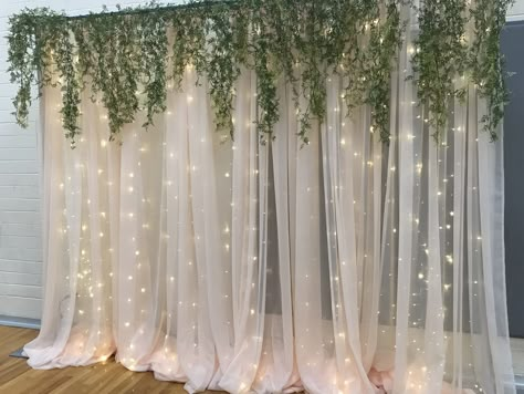 Blush Backdrop, greenery, curtain lights Wedding Backdrop With Lights, Curtain Lights Wedding, Backdrop With Lights, Backdrop Lights, Curtain Backdrop Wedding, Fairy Light Backdrops, Wedding Backdrop Lights, Tulle Backdrop, Greenery Background