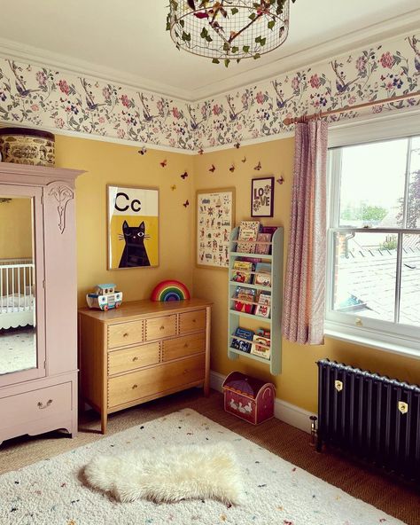 Colourful Toddler Bedroom, Vintage Inspired Girls Room, Shared Bedroom Privacy Ideas, Kids Cottage Bedroom, Girls Yellow Bedroom Ideas, Yellow Childrens Bedroom, Cottage Core Kids Room, Children’s Bedroom, Whimsical Bedroom Kids