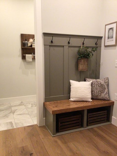 Small Entryway Hall Tree, Hall Tree Built Into Wall, Mudroom Small Bench, Small Built In Drop Zone, Modern Mudroom Hall Tree, Small Mudroom Ideas Entryway Farmhouse, Mudroom Furniture Small Spaces, Bench Front Entryway, Drop Center Entryway