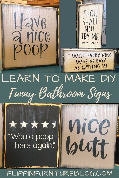 Do you have a sense of humor? Make your own funny bathroom signs with this simple stenciling technique. The best thing about the project is that it's so easy to personalize them to suit any personality or style! Click through for instructions and other ideas on how to make these great DIY crafts. Funny Bathroom Signs Diy, Diy Bathroom Signs Farmhouse Style, Wooden Bathroom Signs Diy, Sarcastic Bathroom Signs, Funny Mens Bathroom Signs, Bathroom Stencil, Accent Paint Colors, Bathroom Decor Signs, Homemade Signs