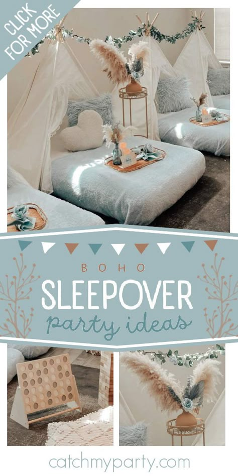 Don't miss this stunning boho sleepover! The teepees are so sweet! See more party ideas and share yours at CatchMyParty.com Boho Slumber Party, Boho Tent Party, Tepee Sleepover Ideas, Teepee Sleepover Party Ideas, Girls Teepee Sleepover Party Ideas, Teepee Sleepover Party Themes, Slumber Party Business, Diy Teepee Sleepover Party, Diy Tent Sleepover Party