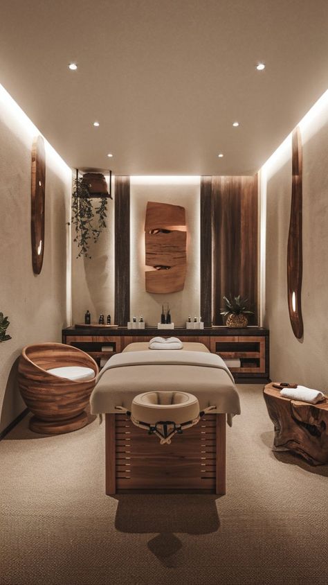 Experience pure relaxation in this luxury spa massage room ✨. With dim lighting, plush massage tables, and serene ambiance, it’s a perfect escape from the everyday. How relaxing does this look? 🌸🌙 Luxury Spa Massage Room, Modern Spa Aesthetic, Couples Massage Room, Thai Spa Interior Design, Earthy Spa Room, Small Massage Room Ideas Decor, Sports Massage Room Ideas, Thai Massage Room Design, Spa Set Up Ideas