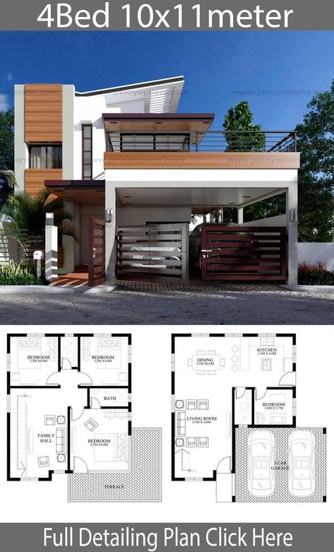 Modern home design 10x11m with 4 bedrooms - House Idea You are in the right place about house Here w… | 2 storey house design, Duplex house design, House blueprints Philippines House Design, Two Story House Design, 2 Storey House Design, Affordable House Plans, 2 Storey House, Two Story House, House Plan Gallery, Architect Design House, House Construction Plan