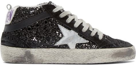 Leather Panelling, Golden Goose Black, Mid Top Sneakers, Golden Goose Shoes, Golden Goose Deluxe Brand, Star Sneakers, Black Glitter, Golden Goose, All About Fashion