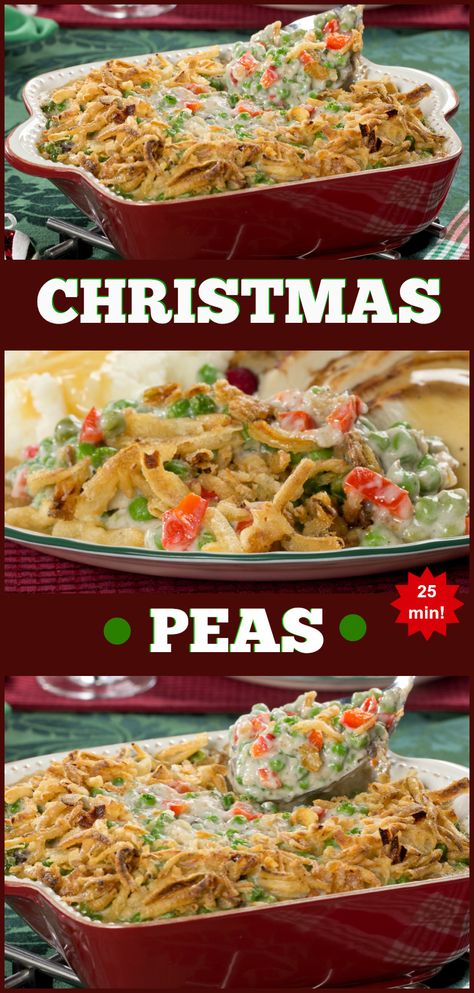 Crunchy, colorful, and creamy, these Christmas Peas have it all! Pea Side Dish Recipes, Christmas Peas Recipe, Peas Casserole, Veggie Casseroles, Holiday Party Menu, Christmas Sides, Veggie Casserole, French Fried Onions, Pea Recipes