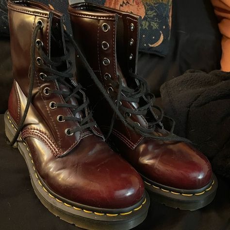 Red doc martens Red Docs Aesthetic, Oxblood Doc Martens, Worn Doc Martens, Colored Doc Martens, Doc Martens Collection, Dark Red Doc Martens, Maroon Doc Martens Outfit, Doc Martens Aesthetic Grunge, Burgundy Doc Martens Outfit