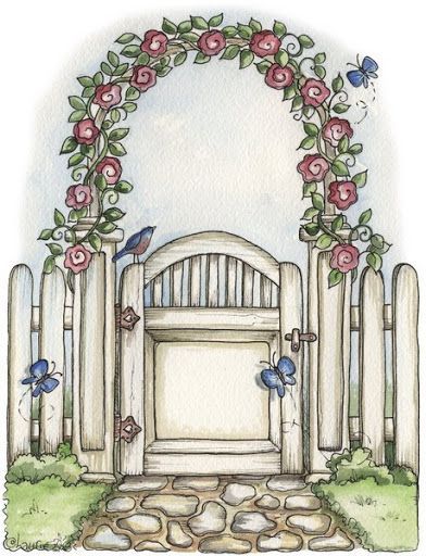 Garden Gate Colour Drawing, Garden Drawing, Pencil Pen, House Drawing, Dessin Adorable, Arte Floral, Garden Gates, Watercolor Cards, Rock Art