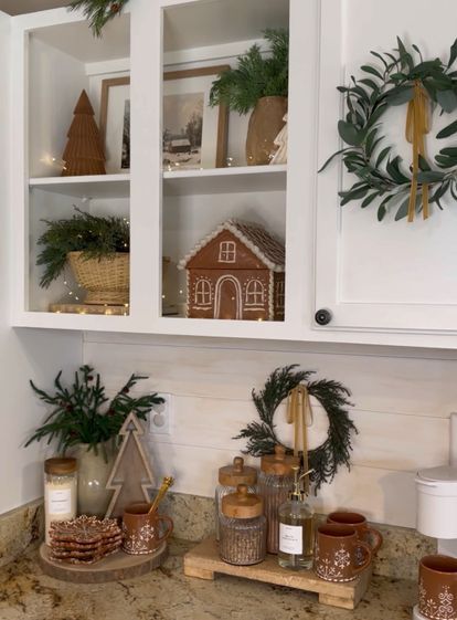 Coffee Bars For Small Spaces, Winter Kitchen Shelf Decor, Small Christmas Coffee Bar Ideas, Gingerbread Neutral Christmas Decor, Vintage Hot Cocoa Bar, Kitchen Shelf Decor Christmas, Aesthetic Hot Cocoa Bar, Gingerbread Shelf Decor, Winter Cocoa Bar