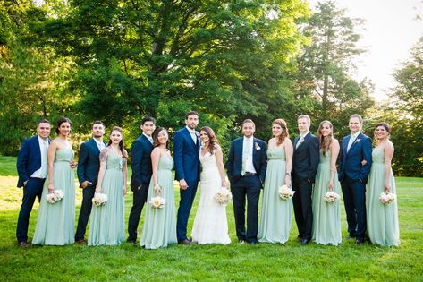 With their April date, Elizabeth and Justin knew they wanted their wedding day to reflect a springtime style. Elizabeth's bridesmaids wore flowing mint green, full-length dresses complemented by Justin's groomsmen, who wore casual navy suits with mint green ties. Green Wedding Party, Mint Green Wedding, Hashtag Generator, Shoes Pictures, Mint Bridesmaid, Mint Bridesmaid Dresses, Wedding Parties Colors, Wedding Mint Green, Green Wedding Colors