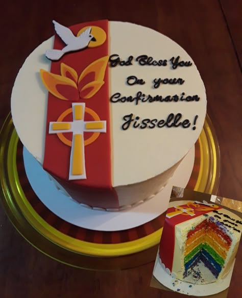 Confirmation cake; used rainbow colors on the inside of the cake; covered with Italian meringue buttercream; fondant decorations. Confirmation Cakes Ideas, Pentecost Cake Ideas, Boys Confirmation Cake, Ordination Cake Ideas, Confirmation Party Ideas Catholic, Confirmation Cakes For Boys, Confirmation Cakes Catholic, Confirmation Cake Ideas, Confirmation Decorating Ideas