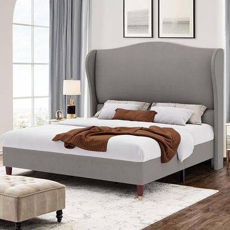 Tall Bed Frame, Elegant Bed Frame, Bed Frame No Box Spring, Elegant Bed, Tall Bed, Neutral Bedding, Bed Frame With Headboard, Elegant Bedding, King Size Bed Frame