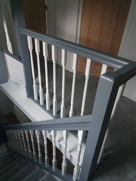 Grey White Staircase, White And Grey Bannister, Grey Banisters And Railings, Staircase Grey And White, Grey And White Painted Stairs, Grey And White Stairs And Landing, Coloured Banisters Stairways, Gray And White Staircase, Grey And White Bannister