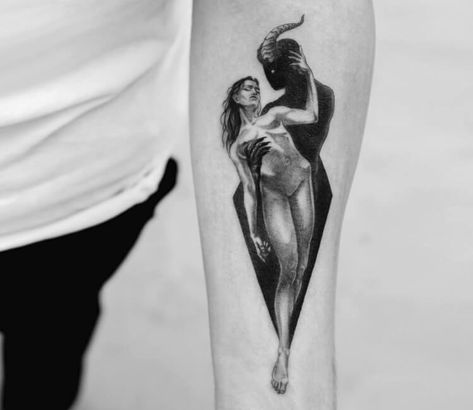 Virgo and Devil tattoo by Daniel Berdiel Dark Virgo Tattoo, Virgo Angel Tattoo, Dance With The Devil Tattoo, Devilish Tattoos, Sensual Tattoo For Women, Demon Tattoo Female, Devil Tattoo For Women, Female Devil Tattoo, Dancing With The Devil Tattoo