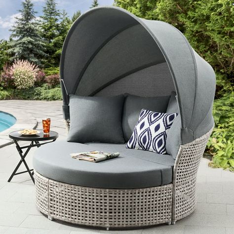 Canopy Seating Outdoor Spaces, Wicker Daybed, Gray Patio, Daybed Canopy, Outdoor Furniture Ideas, Grey Patio, Patio Daybed, Outdoor Lounge Area, Makeover Bedroom