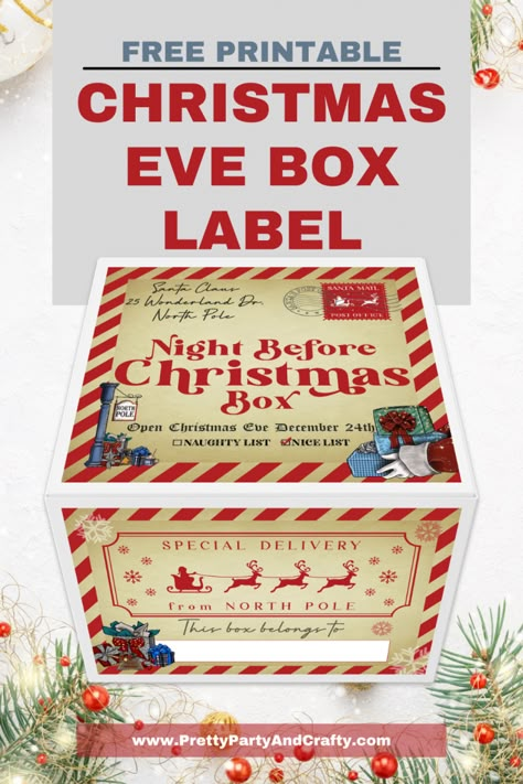 Free Christmas Eve Box Printable - Pretty Party and Crafty Christmas Eve Box Printable Free, Diy Christmas Eve Box For Kids, Christmas Eve Box Svg Free, Cricut Christmas Eve Box Ideas, Free Printable Christmas Labels, Christmas Eve Box Designs, Diy Christmas Eve Box, Christmas Eve Box For Kids, Christmas Eve Box Ideas