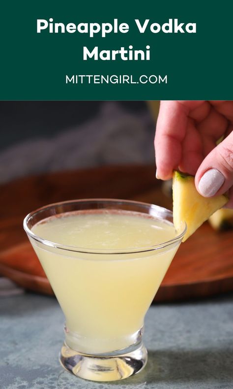 Pineapple, lime, orange, and vodka combine for a fresh and delicious pineapple vodka martini that's easy to make and full of fresh citrus flavors. Pineapple Vodka Cocktails, Pineapple Martini Recipes, Pineapple Martini, Party Beverages, Martini Recipes Vodka, Vodka Cocktails Easy, Pineapple Vodka, Mix Drinks, Pineapple Drinks