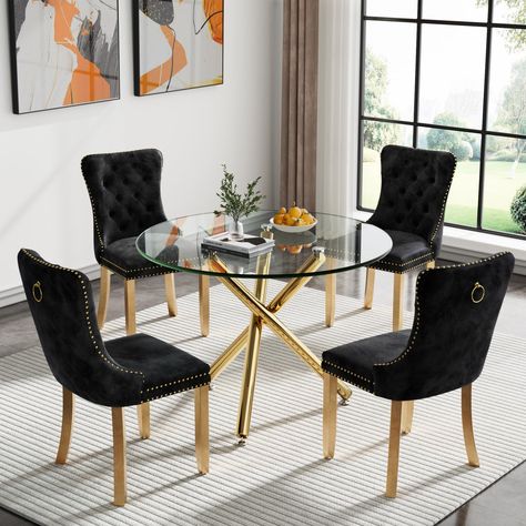 PRICES MAY VARY. ★【Modern 5-Piece Glass Dining Table Set for 4】 This 5pcs round dining room table set includes 1 Glass kitchen table and 4 upholstered velvet dinner chairs. With a minimalist look and luxury modern design, this beautiful circle Glass dinner table set will fit perfectly with a wide array of home decor. ★【35.43" Glass Top Kitchen Table with Shiny 3 Cross Metal Legs】The base of this large dining table is made of quality metal and polished shiny finish. Which makes this table unique Small Glass Kitchen Table, Black And Gold Dining Room, Rectangle Glass Dining Table, Glass Dining Room Sets, Long Dining Room Tables, Dinner Chairs, Round Glass Dining Table, Glass Kitchen Tables, Glass Dining Table Set