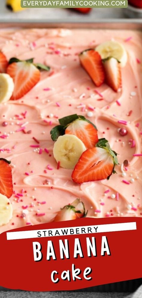 Strawberry Banana Poke Cake Recipe, Strawberry Banana Pudding Poke Cake, Strawberry Banana Cake Filling, Strawberry Banana Poke Cake, Strawberry Box Cake Mix Recipes Ideas, Strawberry And Banana Cake, Lorna Doone Dessert Recipes, Strawberry And Banana Dessert, Dolly Parton Banana Cake Mix Recipes