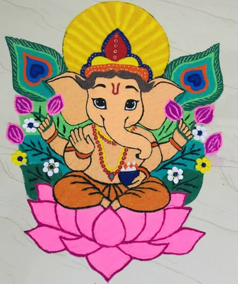 Rangoli Sketch Design, Gyaras Rangoli, Rangoli Of Ganesha, Theme Based Rangoli, Rangoli Cartoon, Cartoon Rangoli Designs Easy, Ganpati Rangoli Designs Latest, Rangoli Designs Ganesha, Latest Rangoli Designs Creative