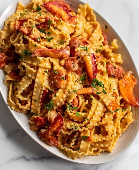 Elevated Pasta Dishes, Sea Food Pasta Recipes, Lobster Pasta Salad, Lobster Rigatoni, Lobster Vodka Pasta, Shrimp And Lobster Pasta, Lobster Meal Ideas, Lobster With Pasta Recipes, Creamy Tomato Seafood Pasta