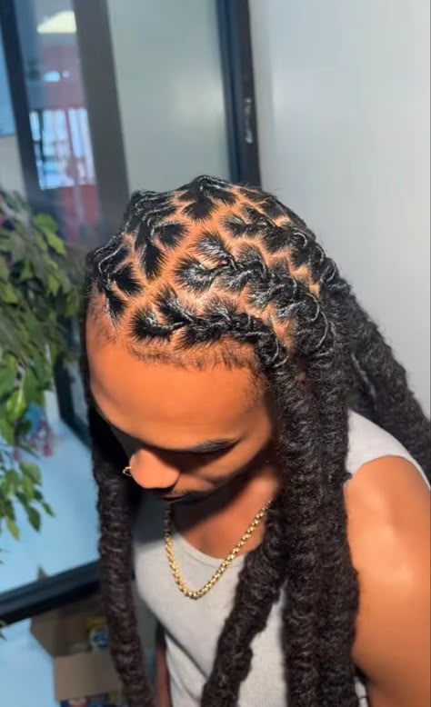 Locs Hairstyles Long Men, Men Dread Styles Long, Creative Dreadlock Hairstyles, Loc Ponytail Styles Men, Styles For Long Locs Men, Protective Dreadlock Styles, Wick Loc Styles, Unique Loc Styles For Men, Retwist Locs Style Men Long