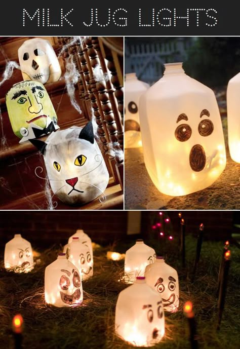 Milk Jug Halloween Luminary Ideas from Kids Kubby. Let the kids create the faces and add string lights from http://www.partylights.com/Mini-Lights Halloween Milk Jugs, Diy Halloween Luminaries, Halloween Luminaries, Diy String Lights, Image Halloween, Milk Jugs, Halloween Lights, Unique Halloween, Halloween Deco