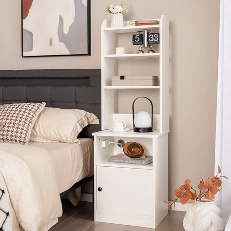 Tall Bedside Table Nightstand with Charging Station and Bookshelf - Bed Bath & Beyond - 36876577 Ucf Dorm, Tall Bedside Cabinets, High Bedside Table, Bedside Table Bookshelf, Coastal Cottage Living Room, Tall Bedside Table, Bedside Table Ideas, Tall Nightstands, Interior Design Industrial