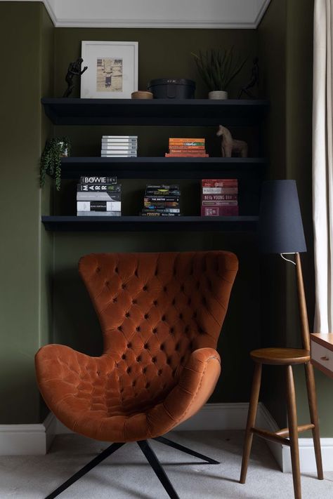 Farrow And Ball Bancha, Orange Shelves, Home Office Dark, Seating Nook, Office Dark, Orange House, Dark Walls, Dark Interiors, Reading Corner