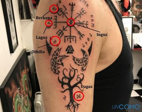 Aegishjalmur Tattoo, Vegvisir Tattoo Design, Vegvisir Tattoo, Viking Rune Tattoo, Tattoos For Dad Memorial, Scandinavian Tattoo, Viking Tattoo Symbol, Viking Tattoo Sleeve, Tattoos Nature