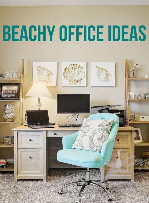 Get some ideas for coastal and beach theme office spaces with furniture, like this bright blue office swivel chair that adds fun and cheer to the space. Featured on Completely Coastal. Ocean Theme Office Decor, Beach Decor Office, Beach Office Theme, Coastal Office Ideas Beach, Beachy Home Office Ideas, Office Beach Theme, Beach Themed Office Decor, Office Decor Beach Theme, Beach Home Office Ideas