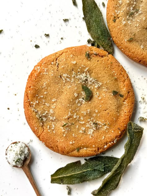 Spelt + Sage + Brown Butter Cookies — the deeper living Browning Butter, Sage Brown Butter, Chewy Sugar Cookie Recipe, Brown Butter Cookies, Pistachio Butter, Brown Sugar Cookies, Chewy Sugar Cookies, Sage Leaves, Green Sage