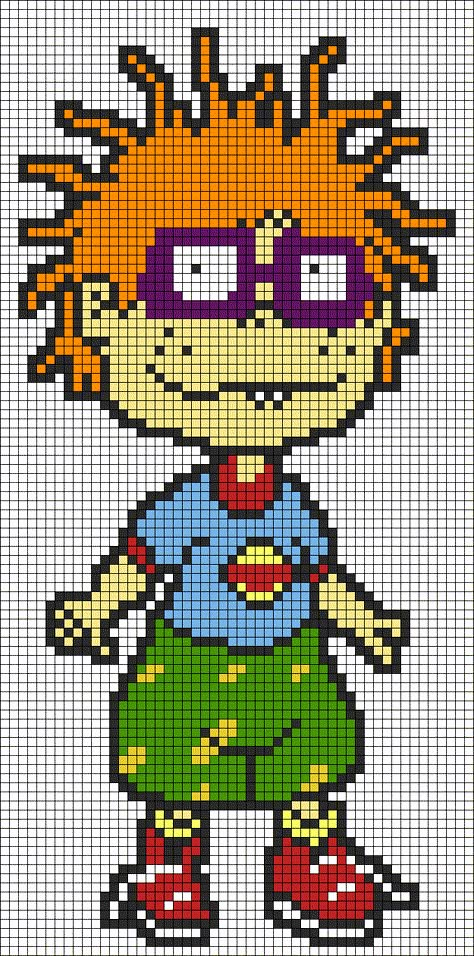 Perler Bead Rugrats, Chuckie Rugrats, Kawaii Cross Stitch, Graph Paper Drawings, Crochet Afghan Patterns Free, Fuse Bead Patterns, Perler Bead Templates, Iron Beads, Anime Pixel Art