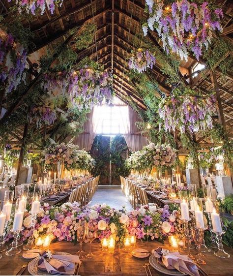 purple lavish wedding decor for reception Wedding Floral Decor, Rapunzel Wedding, Wisteria Wedding, Fairy Woodland, Barn Wedding Decorations, Enchanted Wedding, Lilac Wedding, Fairy Wedding, Fantasy Wedding