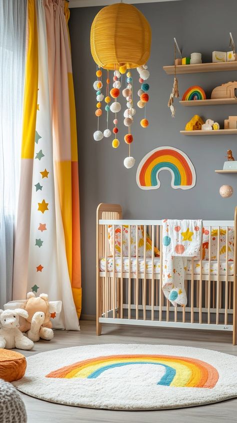 Bright, gender-neutral nursery with gray walls, rainbow decor, a white crib, colorful toys, and a cozy boho lamp. Rainbow Themed Nursery, Nautical Theme Nursery, Gender Neutral Nursery Design, Nursery Design Neutral, Jungle Themed Nursery, Dreamy Nursery, Rainbow Nursery Decor, Yellow Lamp, White Crib