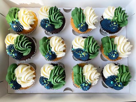 Blue And Green Dessert Table, Blue And Green Cupcakes, Manly Cake, Beautiful Cupcakes Birthday, Dance Cupcakes, Vet Graduation, Birthday Cupcakes Boy, Baby Boy Cupcakes, Black Frosting