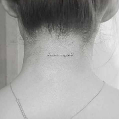 Small Tattoos on Instagram: “Don't forget to love yourself · by @playground_tat2 · Seoul 🇰🇷” By Myself Tattoo, Love Myself Tattoo, Little Quote Tattoos, Back Tattoo Ideas For Men, Myself Tattoo, Inspirational Quote Tattoos, Quote Tattoos For Women, Shoulder Tattoo Designs, Tattoos Spine