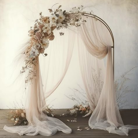 Ivory Wedding Arch, Tule Arch Wedding, Wedding Alter Background, Elegant Arch Wedding, Curved Wedding Arch Ideas, Decorating An Arch For A Wedding, Aesthetic Wedding Arch, Whimsical Arch Wedding, Candle Wedding Arch