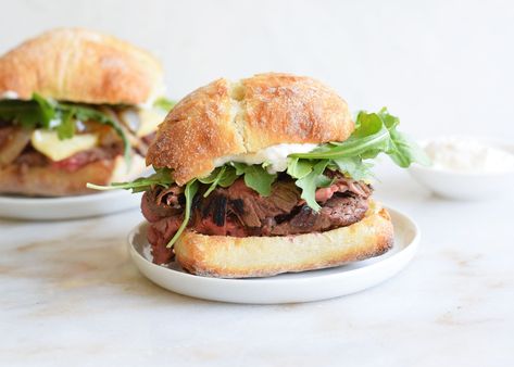 Steak Sandwich With Arugula, Steak Sandwich On Ciabatta, Players Ball, Horseradish Mayo, Food Sandwiches, Steak Sandwich Recipes, Mayo Sandwich, Steak Sandwiches, Pita Sandwiches