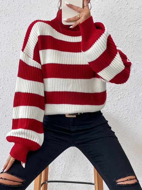 Red And White Winter Outfit, Red And White Sweater Outfit, Red And White Striped Sweater, Big Knit Sweaters, Red And White Sweater, Red Striped Sweater, Ootd Sweater, White Sweater Outfit, Pattern Turtleneck