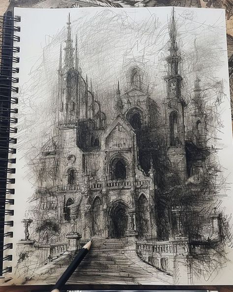 Castle Drawing Sketches Design Reference, Detailed Drawings Architecture, Gothic Buildings Drawing, Drawing Ideas Gothic, Charcoal Architecture Drawing, Castle Drawing Reference, Gothic Cathedral Drawing, Gothic Drawing Ideas, Gothic Castle Drawing