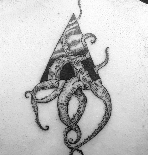 Octopus tentacles crawling out of a triangle, tattoo done by @revoltingworship | www.otziapp.com Kraken Tattoos, Vintage Nautical Tattoo, Tentacle Tattoo, People With Tattoos, Cthulhu Tattoo, Kraken Tattoo, Stag Tattoo, Octopus Tattoo Design, Octopus Tattoos