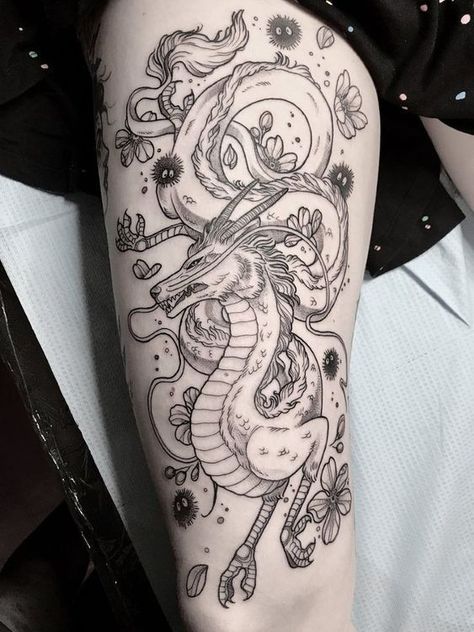 Kohaku Tattoo Dragon, Studio Ghibli Leg Tattoo, Ghibli Sleeve Tattoo, Tatuaje Studio Ghibli, Ghibli Tattoos, Dragons Tattoo, Sanskrit Tattoo, Sparrow Tattoo, Lady Bug Tattoo