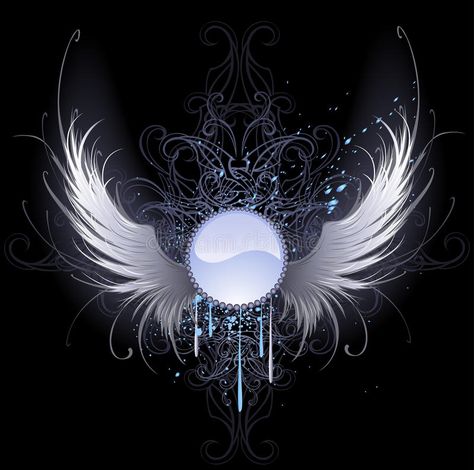 Photo about Round blue banner with artistically painted white angel wings on a black background decorated with a pattern and blue paint. Illustration of cleanliness, glitter, glowing - 18653462 White Angel Wings, Blue Banner, White Angel, Angel Wings, Black Background, Angel, Stock Photos, Blue, White