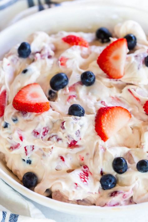 Berry Cheesecake Salad, Cheesecake Fruit Salad, Cheesecake Salad, Strawberries And Blueberries, Berry Yogurt, Patriotic Desserts, Berry Salad, Blue Desserts, Berry Cheesecake