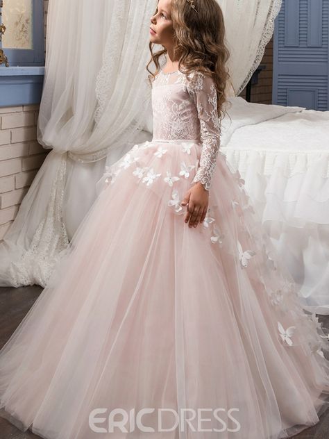 Girls Evening Dresses, Long Flower Girl Dresses, Holy Communion Dresses, Long Sleeve Ball Gowns, Pink Ball Gown, Pink Flower Girl Dresses, Princess Flower Girl Dresses, Girls Dresses Online, First Communion Dress