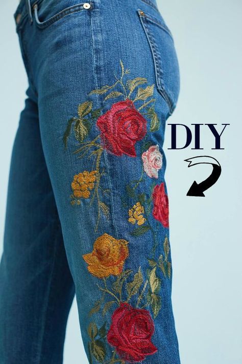 As any fashion conscience crafter is aware, Embroidered jeans are the thing right now. But wait, don’t pay $100 for something you can do at home right? Here is a tutorial on how to Applique a… Basic Sewing Machine, Embroidery Jeans Diy, Trash To Couture, Kristina Webb, Diy Jeans, Basic Sewing, Easy Embroidery, Skirt Tutorial, Custom Jeans